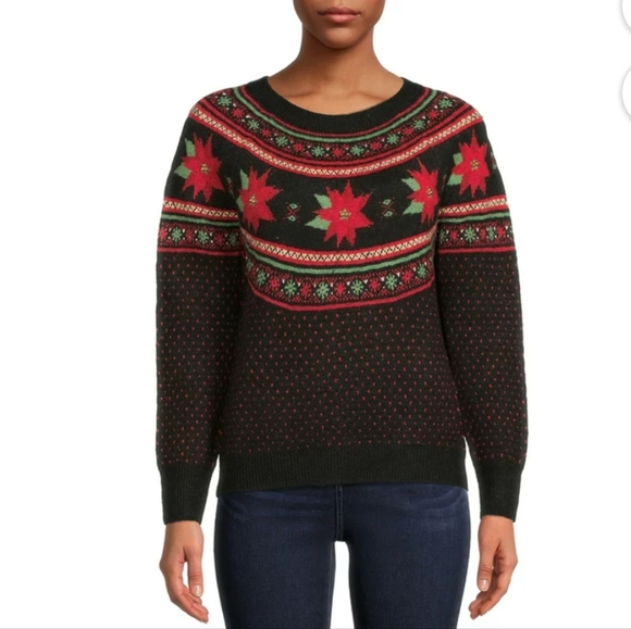 Holiday Time Sweaters - Holiday Time Women's Black Poinsettia Christmas Pull On Sweater Size Small EUC